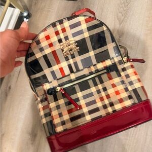 Plaid Backpack with Red Accents